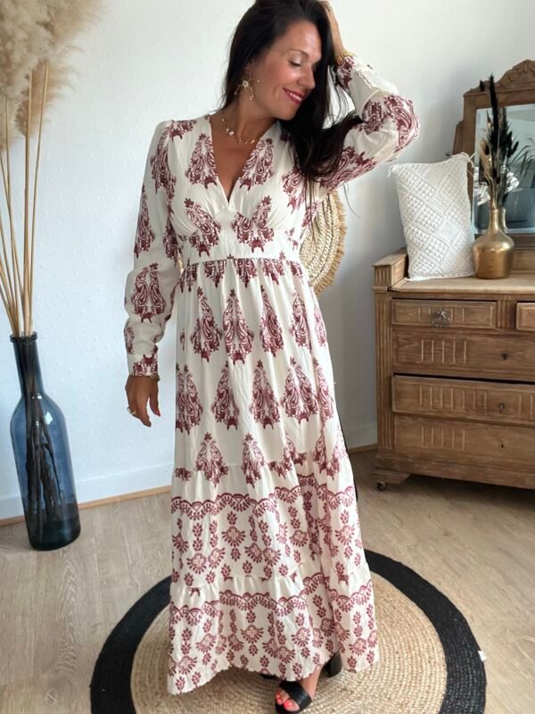 Robe longue imprimée bordeaux – Modèle Esther