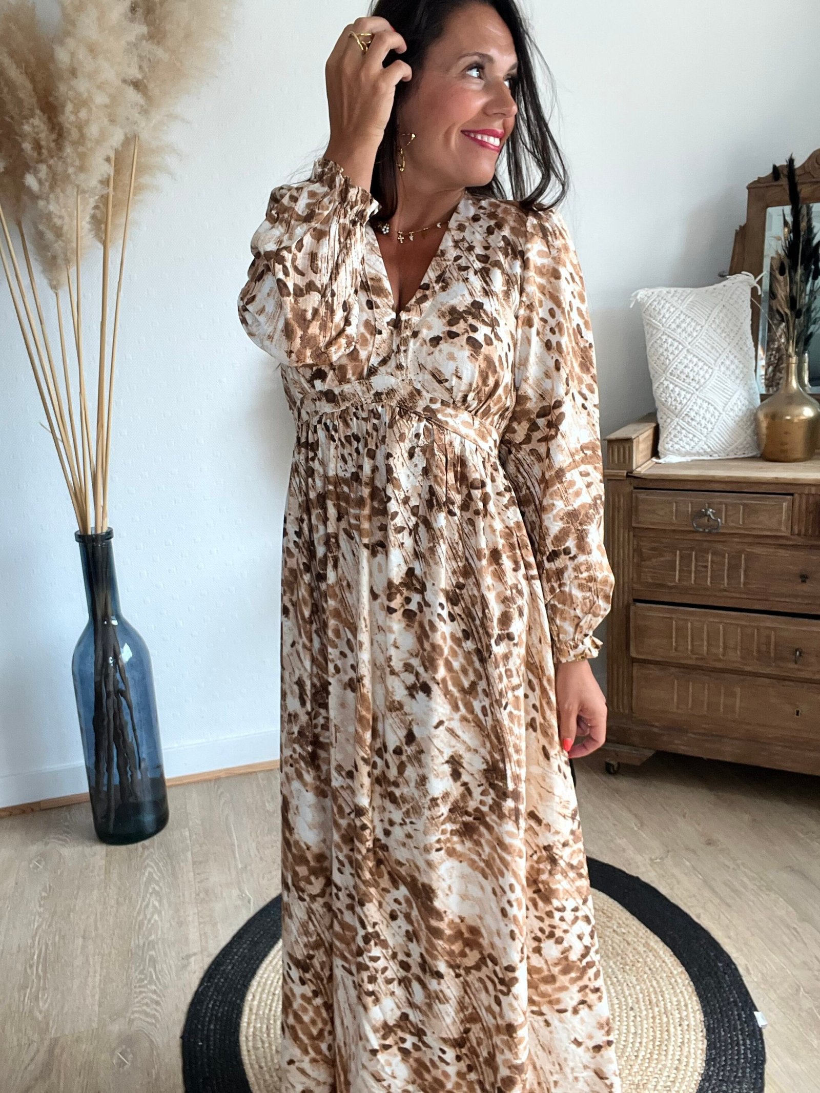 Robe longue imprimée marron  – Modèle  Axelle