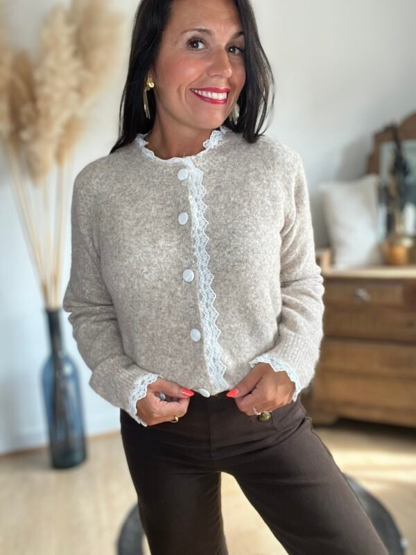 Gilet taupe avec broderie  – Modèle Charlotte