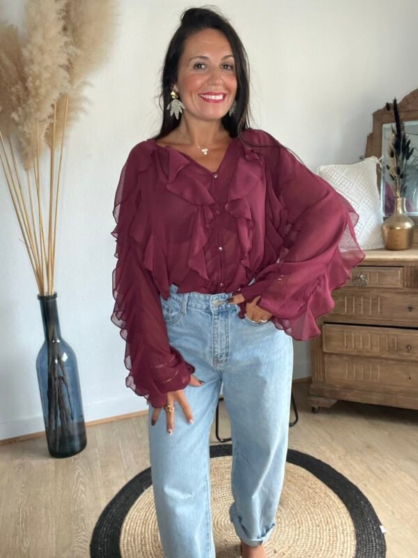 Blouse voilage bordeaux à volants  – Modèle Suzon