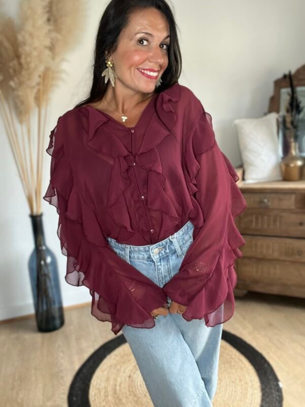 Blouse voilage bordeaux à volants  – Modèle Suzon