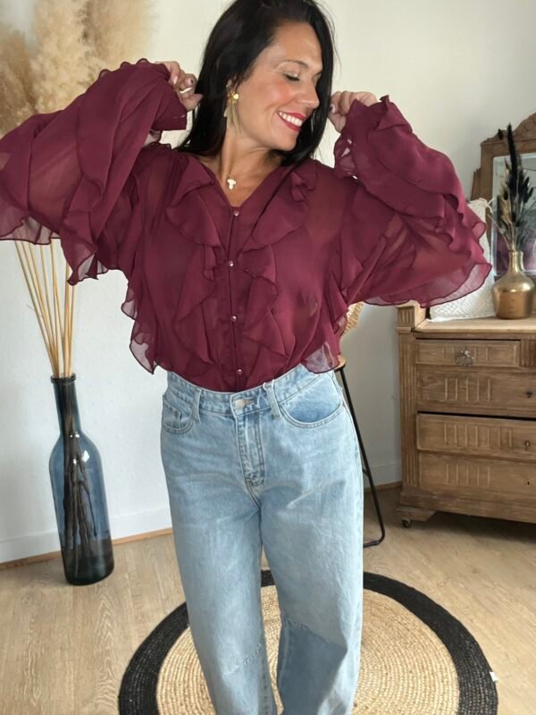 Blouse voilage bordeaux à volants  – Modèle Suzon