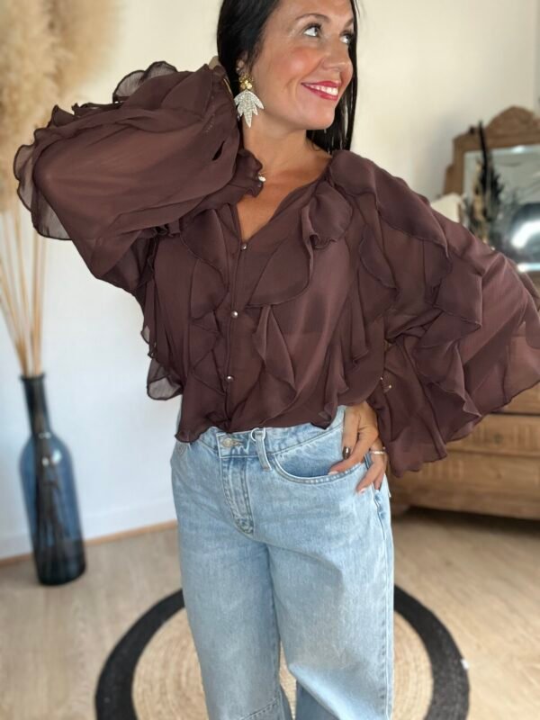 Blouse voilage chocolat à volants  – Modèle Suzon