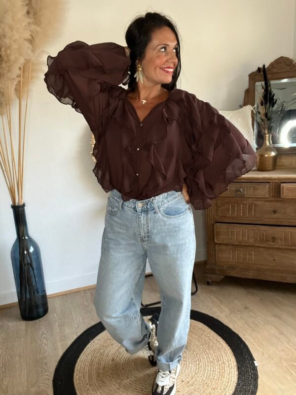 Blouse voilage chocolat à volants  – Modèle Suzon