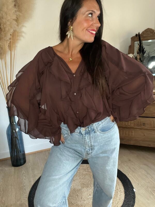 Blouse voilage chocolat à volants  – Modèle Suzon