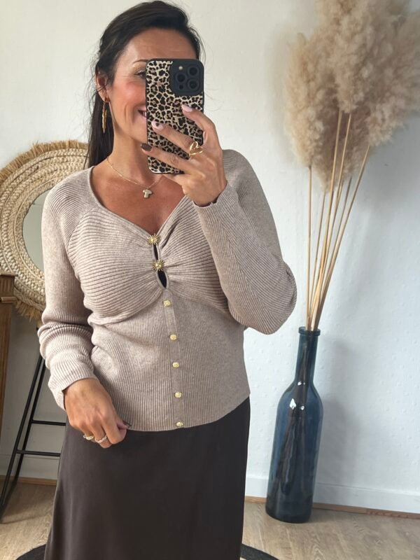 Pull taupe côtelé à boutons dorés – Modèle Liana