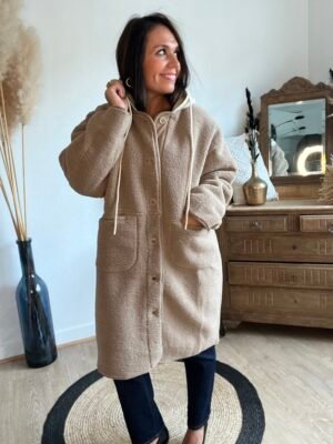 Manteau sherpa taupe à capuche effet laine - Modèle Vic