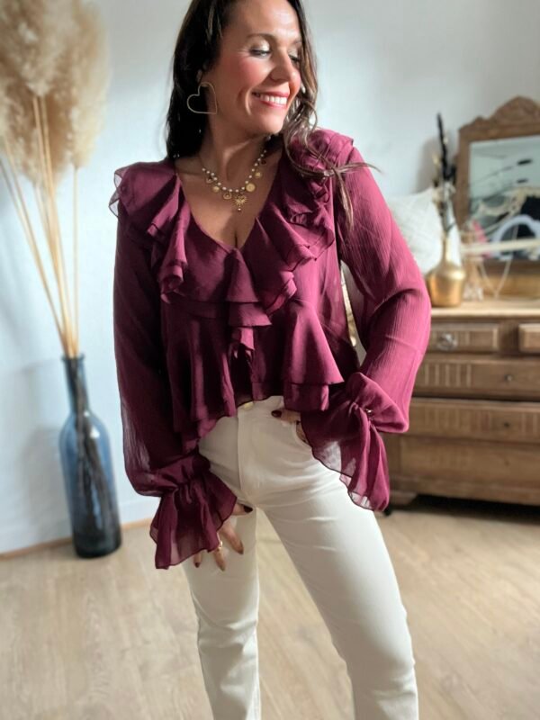 Blouse à volants col V bordeaux - Modèle Emma