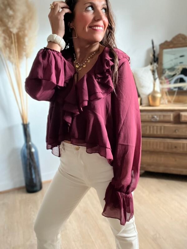 Blouse à volants col V bordeaux - Modèle Emma