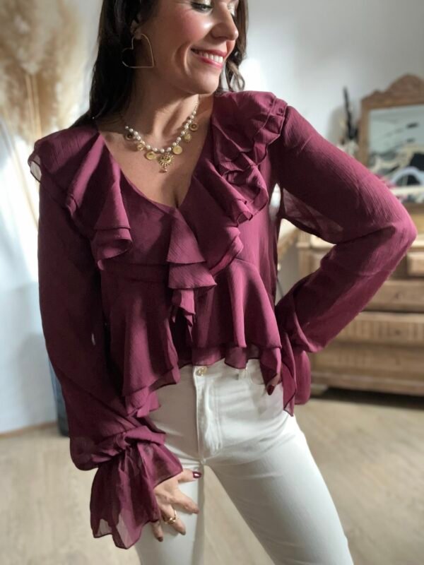 Blouse à volants col V bordeaux - Modèle Emma