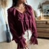Blouse à volants col V bordeaux - Modèle Emma