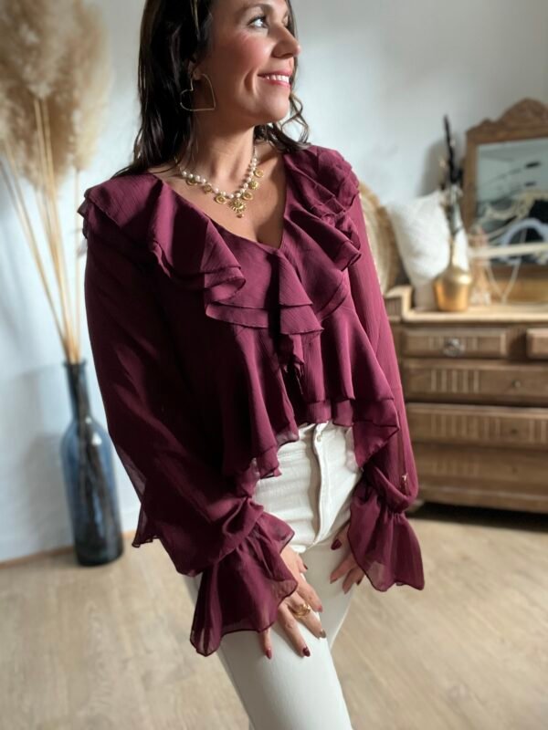 Blouse à volants col V bordeaux - Modèle Emma
