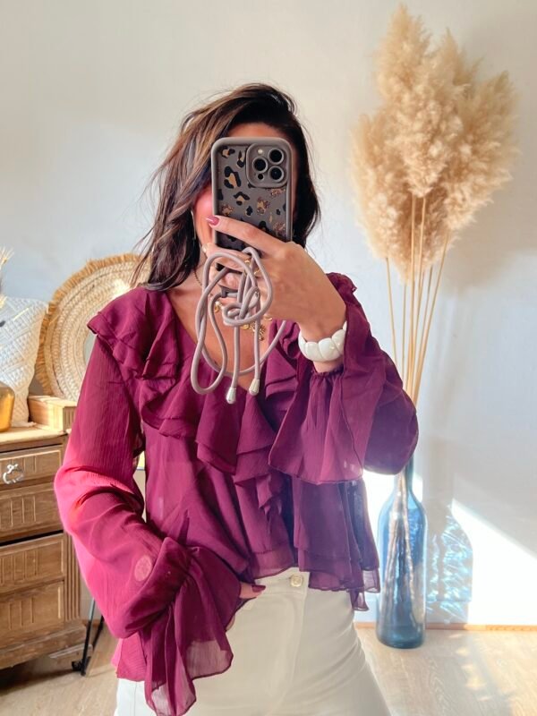 Blouse à volants col V bordeaux - Modèle Emma