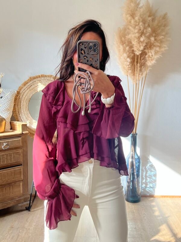 Blouse à volants col V bordeaux - Modèle Emma