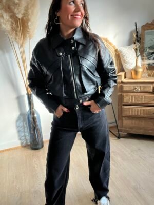 Veste en similicuir noir coupe bombers