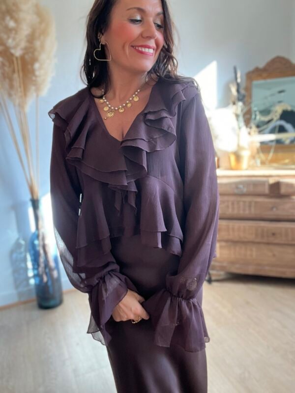 Blouse à volants col V chocolat - Modèle Emma