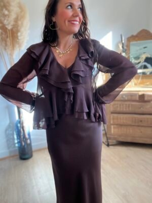 Blouse à volants col V chocolat - Modèle Emma
