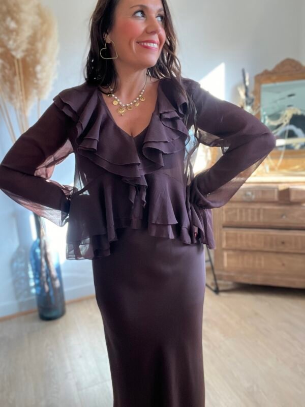 Blouse à volants col V chocolat - Modèle Emma