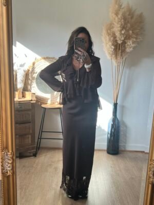 Jupe longue satinée marron bas dentelle - Modèle Solly