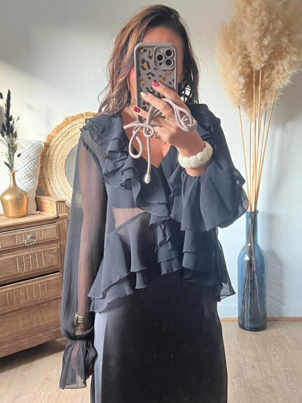 Blouse à volants col V noir - Modèle Emma