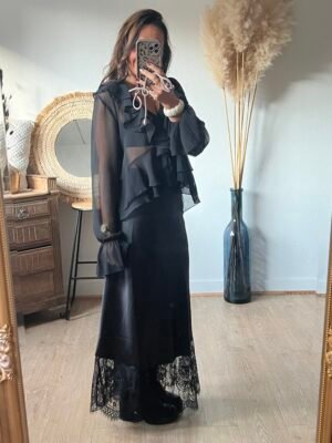 Jupe longue satinée noire bas dentelle - Modèle Solly