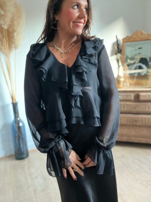Blouse à volants col V noir - Modèle Emma