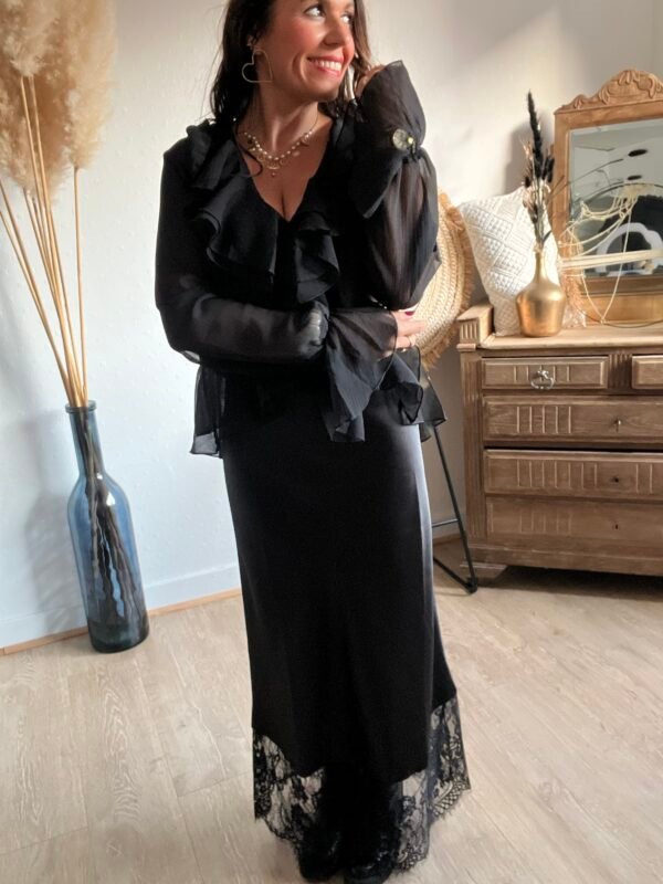 Jupe longue satinée noire bas dentelle - Modèle Solly