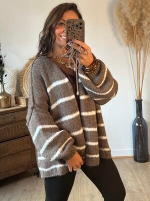 Gilet grosse maille taupe raye