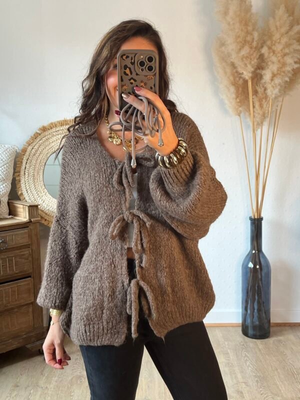 Pull grosse maille marron lacets à nouer Pull grosse maille marron lacets à nouer