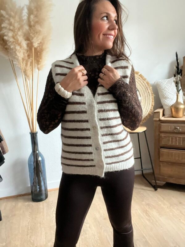 Gilet sans manches écru rayé marron