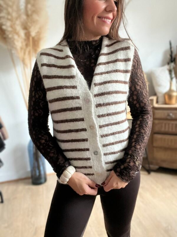 Gilet sans manches écru rayé marron