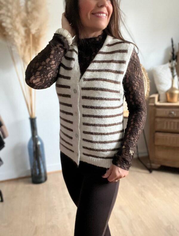 Gilet sans manches écru rayé marron