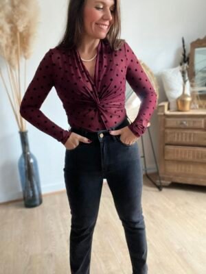 Body bordeaux à pois noirs en tulle