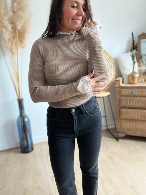 Pull fin taupe détails dentelle blanche Pull fin taupe détails dentelle blanche