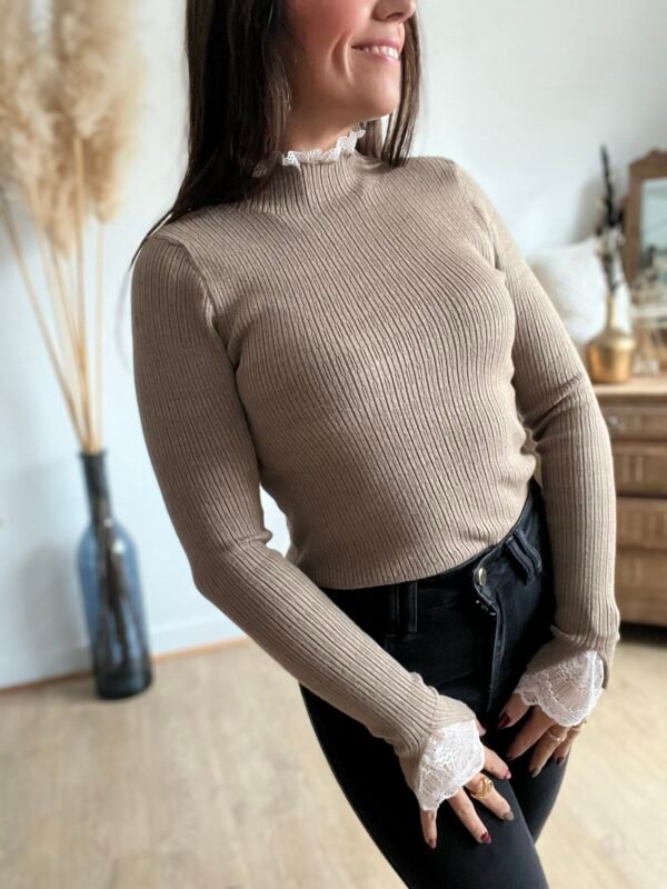 Pull fin taupe détails dentelle blanche Pull fin taupe détails dentelle blanche