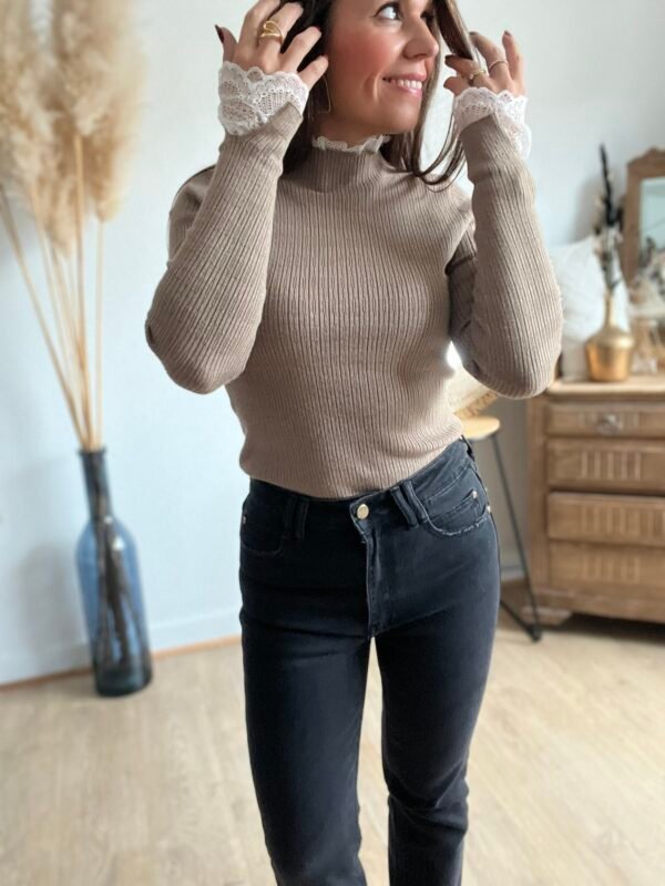 Pull fin taupe détails dentelle blanche Pull fin taupe détails dentelle blanche