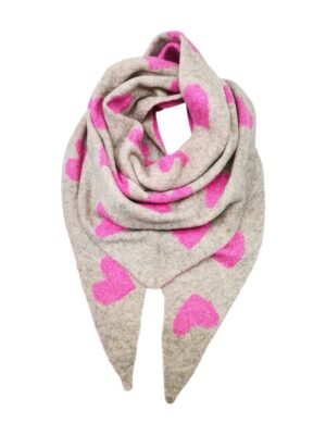 Écharpe triangle taupe rose – Modèle cœurs