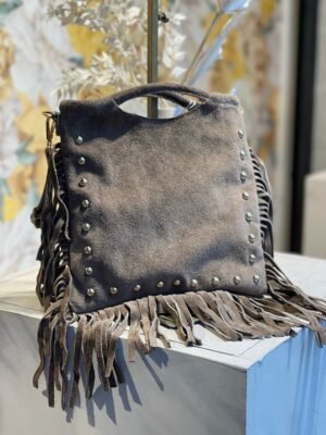 Sac à franges en cuir daim taupe – Modèle Persy