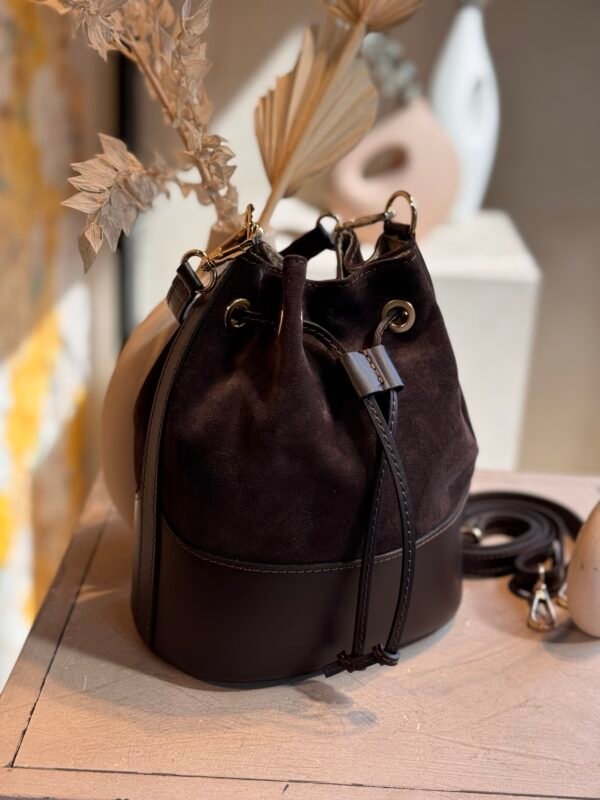 Sac seau en cuir daim marron  – Modèle James