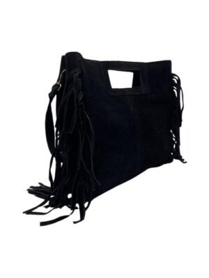 Sac à main à franges cuir daim noir  – Modèle Marion
