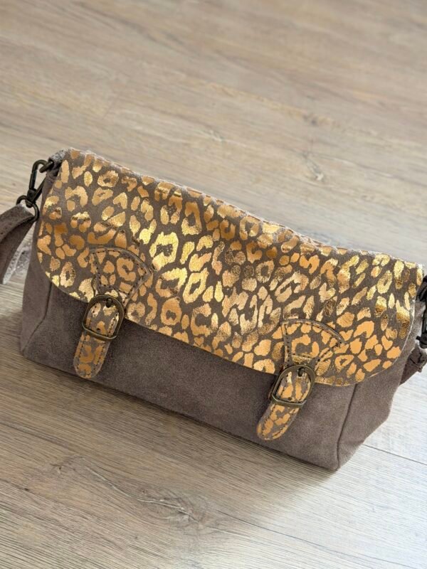 Sac besace cuir Suède taupe léopard – Modèle Nathaly