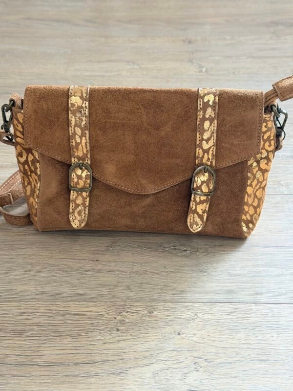 Sac besace cuir Suède camel léopard – Modèle Lydia