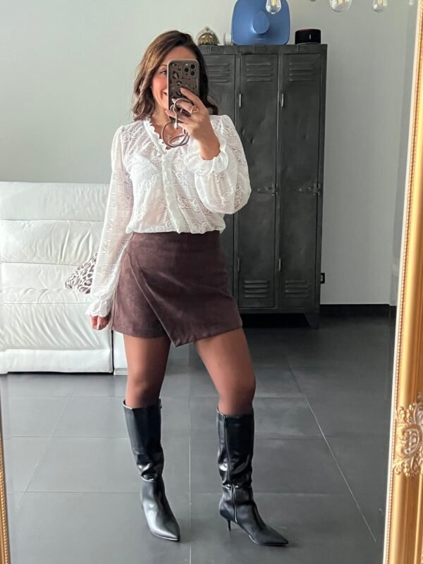 Jupe Short Portefeuille en Suédine marron - Modèle Raphaelle