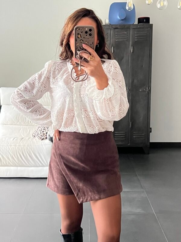 Jupe Short Portefeuille en Suédine marron - Modèle Raphaelle