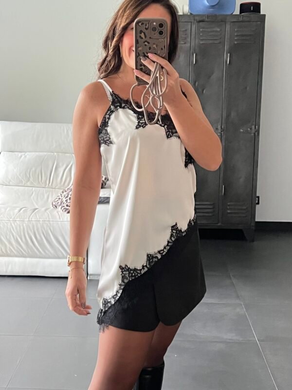 Top caraco satin écru dentelle  asymétrique - Modèle Lena