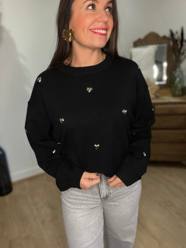 Pull noir à cœurs  métalliques – Modèle Sutton