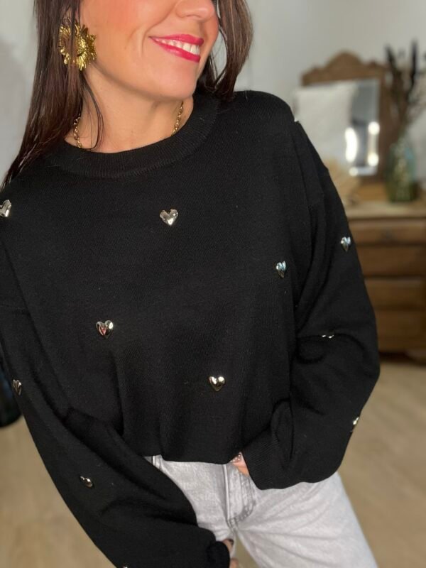 Pull noir à cœurs  métalliques – Modèle Sutton