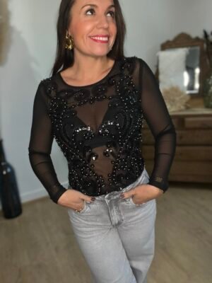 Body noir transparent à sequins - Modèle Katty