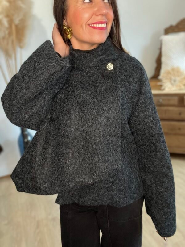 Manteau court en laine bouclée gris anthracite – Modèle Stephy