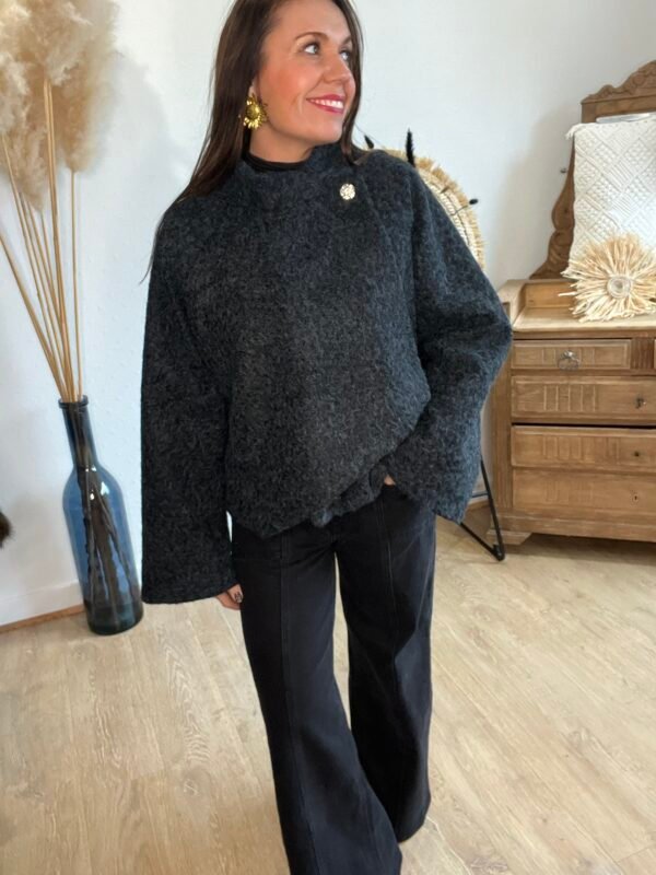 Manteau court en laine bouclée gris anthracite – Modèle Stephy